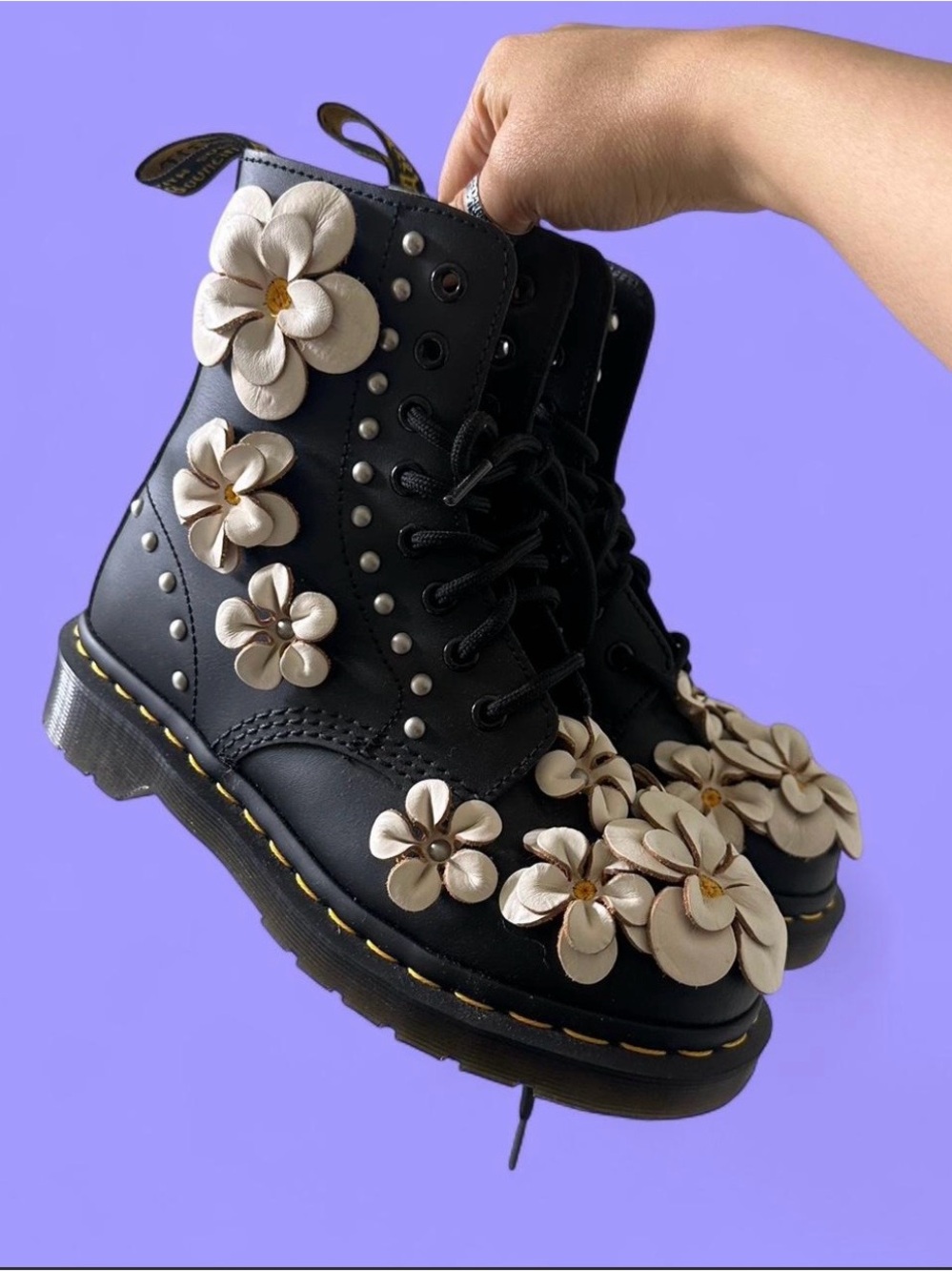 Dr. Martens Black Lace-Up Boots with Cream Floral Appliqués